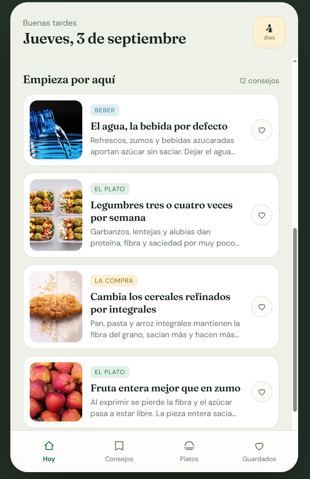Pantalla de consejos de la app