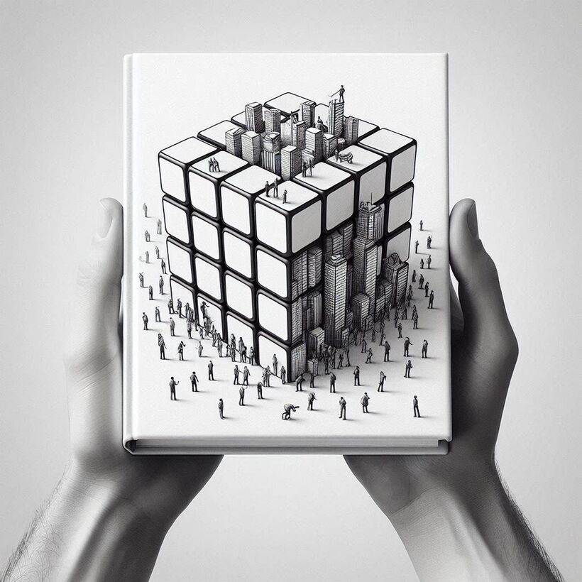 Manos sosteniendo un cubo habitado por personas