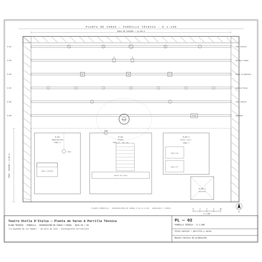 PL-02 · Planta de varas y parrilla técnica